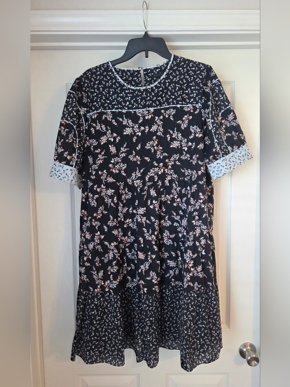 Ann Taylor Black Floral Midi Dress with Pink and White Accents